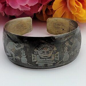Peruvian 925 Silver Engraved Cuff Bracelet Inca Damascene Llama 6.5 In Adj.